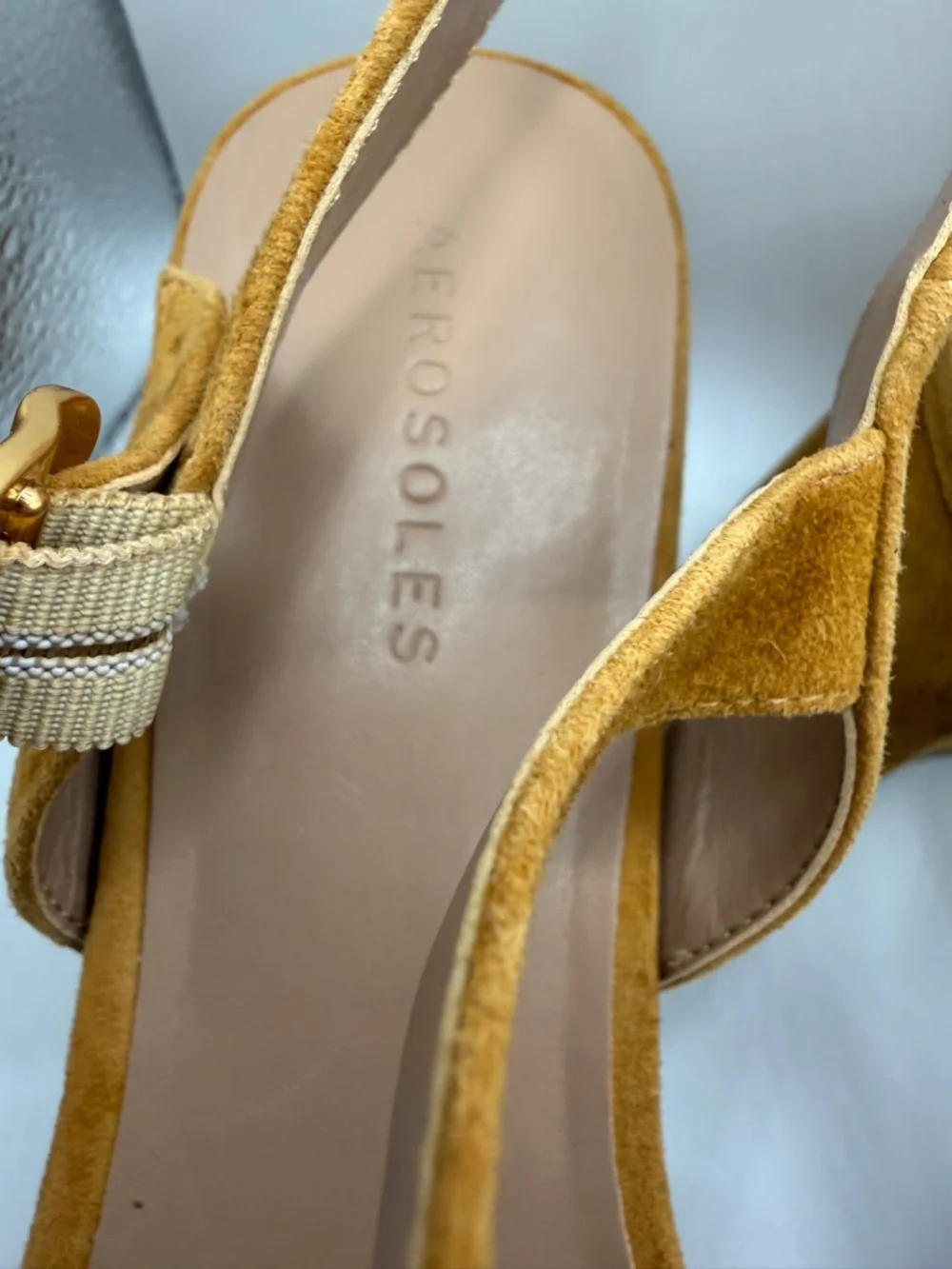 AEROSOLES Mustard Suede Crisscross Block Heel Sandals - Picture 2 of 4